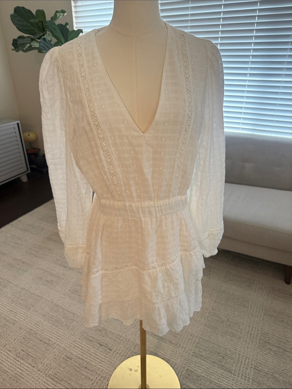 Zara White V-Neck Tiered Lace-Trim Tunic Dress